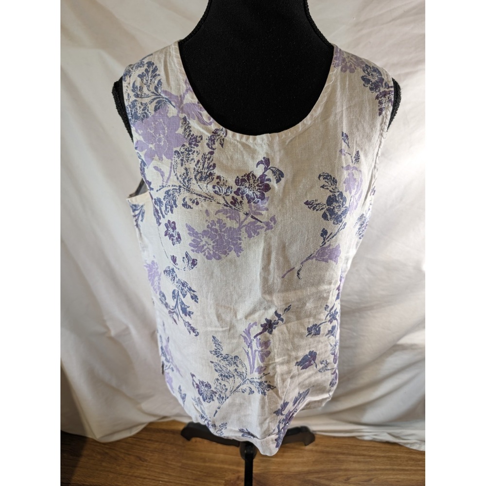 HABITAT Women's M 100% Linen White & Purple Floral Print Tank Top